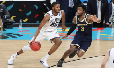 Villanova product Mikal Bridges dribbles in the National Championship game against Michigan. Image courtesy of Villanova Athletics