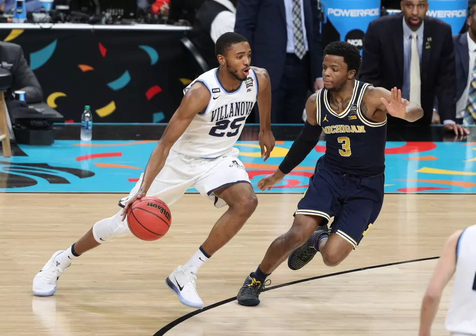 Villanova product Mikal Bridges dribbles in the National Championship game against Michigan. Image courtesy of Villanova Athletics