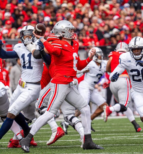 Ohio State's Kyle McCord passes the football before Penn State's Abdul Carter and Adisa Isaac can get pressure. (Photo by Matt Lynch, Nittany Sports Now)