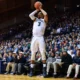 Villanova alumnus Josh Hart shoots a three. Image courtesy of Villanova athletics.