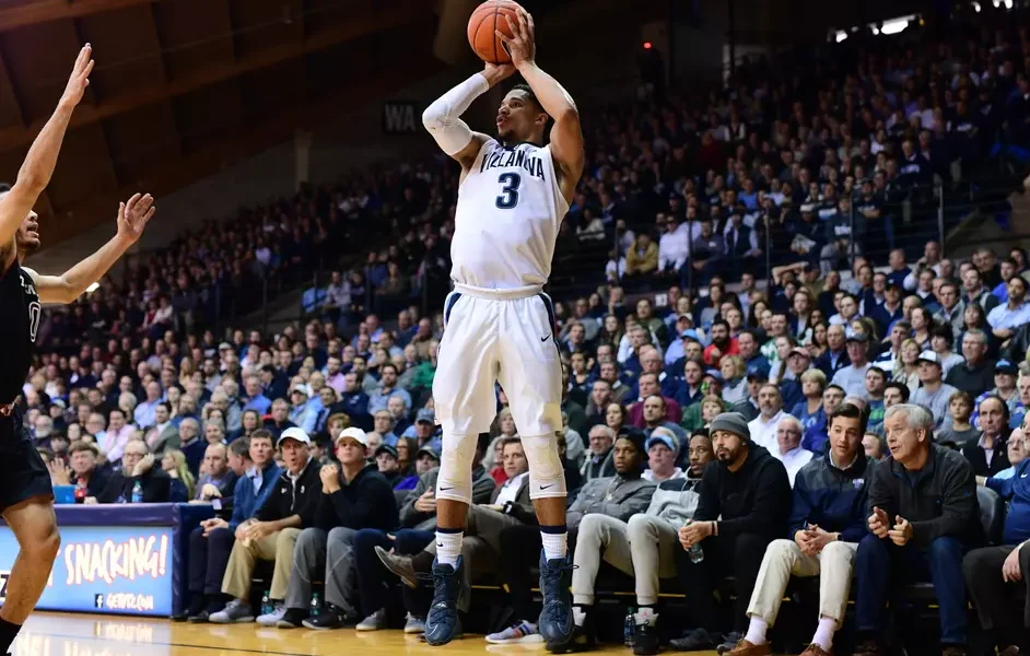 Villanova alumnus Josh Hart shoots a three. Image courtesy of Villanova athletics.