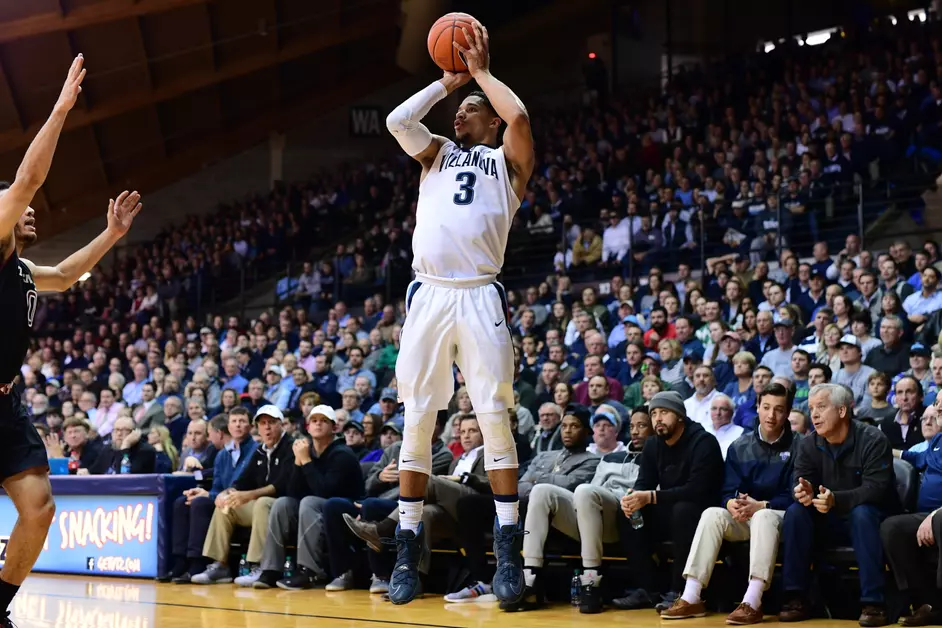 Villanova alumnus Josh Hart shoots a three. Image courtesy of Villanova athletics.