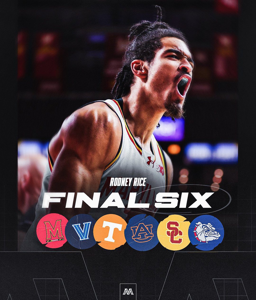Villanova transfer target Rodney Rice posts a graphic listing his top six schools. Image courtesy of Rodney Rice's Twitter (X) account.