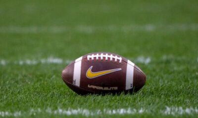 Stock image of a football on grass.