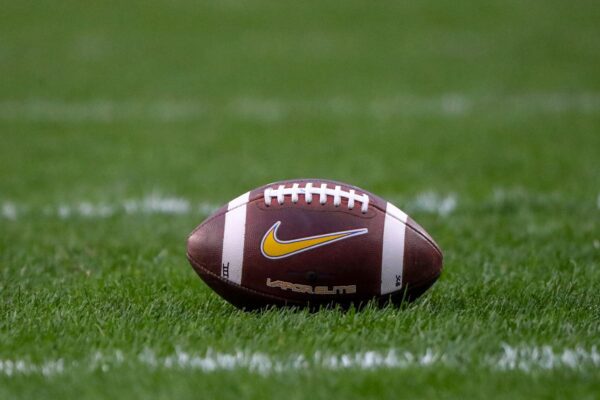 Stock image of a football on grass.