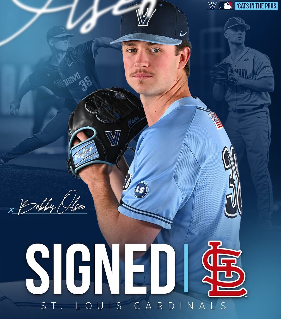 Villanova Baseball starting pitcher and St. Louis Cardinals signee Bobby Olsen. Image courtesy of Villanova Baseball.