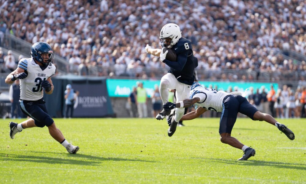 Villanova Football linebacker Damill Bostic Jr. saves a touchdown with a shoestring tackle during the second quarter of the Wildcats' loss to No. 2 Penn State. Image courtesy of Matt Lynch/Nittany Sports Now.
