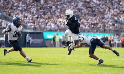 Villanova Football linebacker Damill Bostic Jr. saves a touchdown with a shoestring tackle during the second quarter of the Wildcats' loss to No. 2 Penn State. Image courtesy of Matt Lynch/Nittany Sports Now.