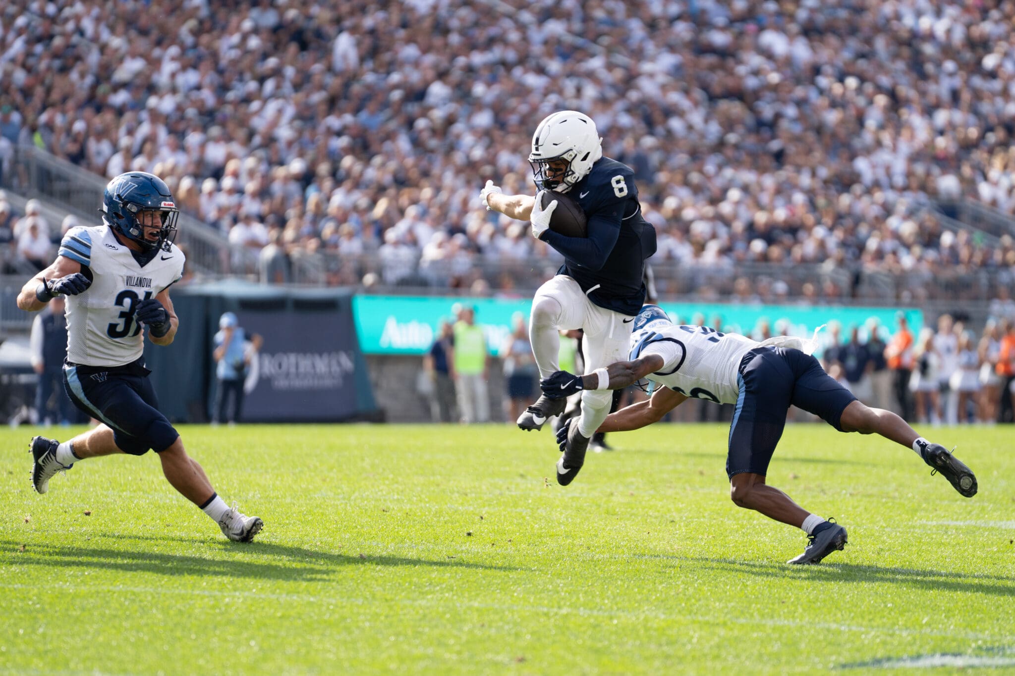 Villanova Football linebacker Damill Bostic Jr. saves a touchdown with a shoestring tackle during the second quarter of the Wildcats' loss to No. 2 Penn State. Image courtesy of Matt Lynch/Nittany Sports Now.