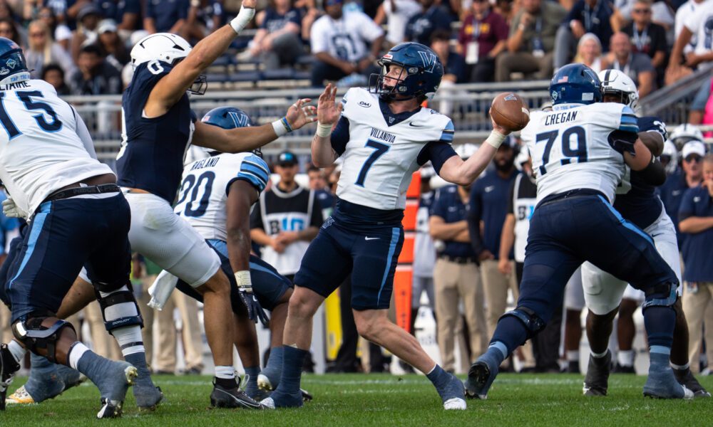 Villanova Footbll quarterback Pat McQuaide winds up for a pass. Matt Lynch/Nittany Sports Now.