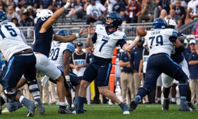 Villanova Footbll quarterback Pat McQuaide winds up for a pass. Matt Lynch/Nittany Sports Now.