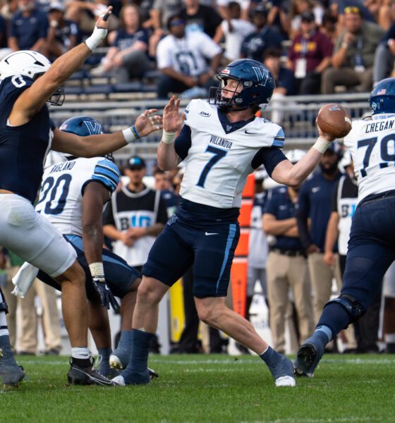 Villanova Footbll quarterback Pat McQuaide winds up for a pass. Matt Lynch/Nittany Sports Now.
