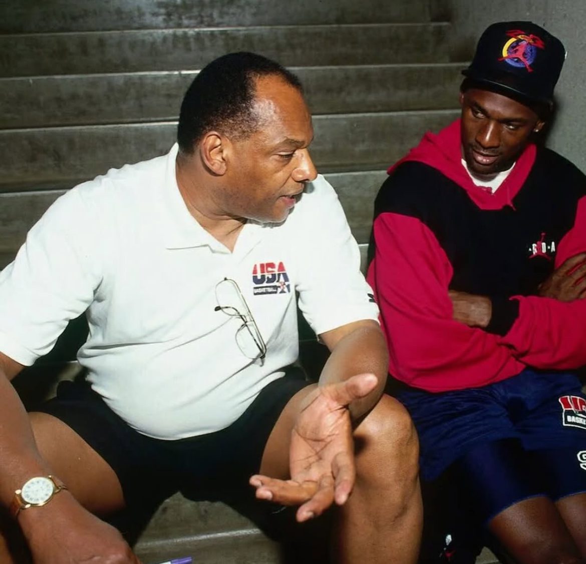Villanova alumnus and basketball hall of famer George Raveling speaks with Michael Jordan. Image courtesy of George Raveling's Instagram account.