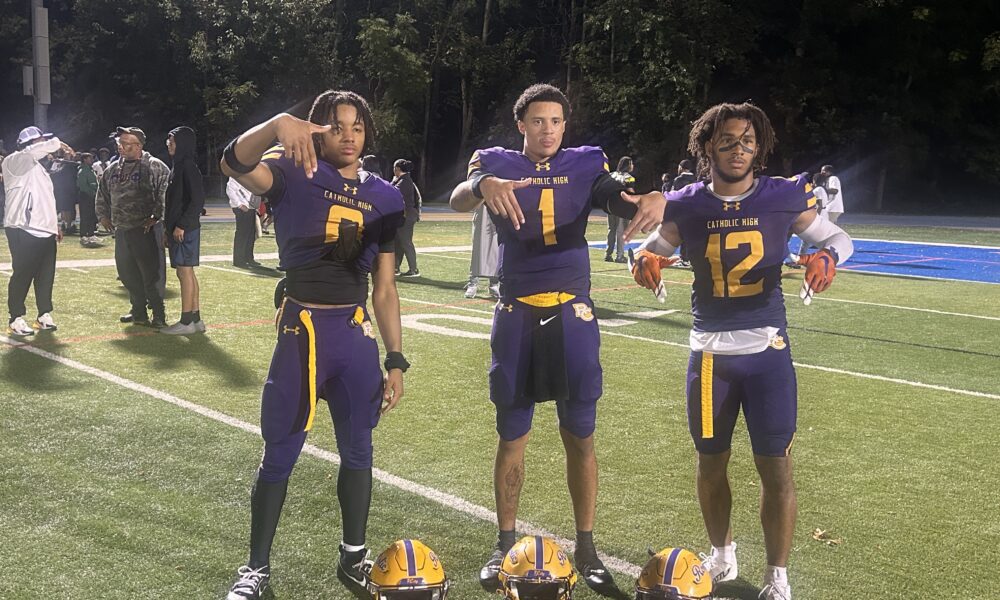 Roman Catholic Division I targets Ash Roberts (0), Semaj Beals (1) and Eyan Stead (12).