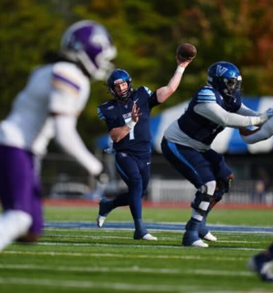 Villanova quarterback Pat McQuaide throws a pass against UAlbany. Image courtesy of Villanova Football's Instagram account.