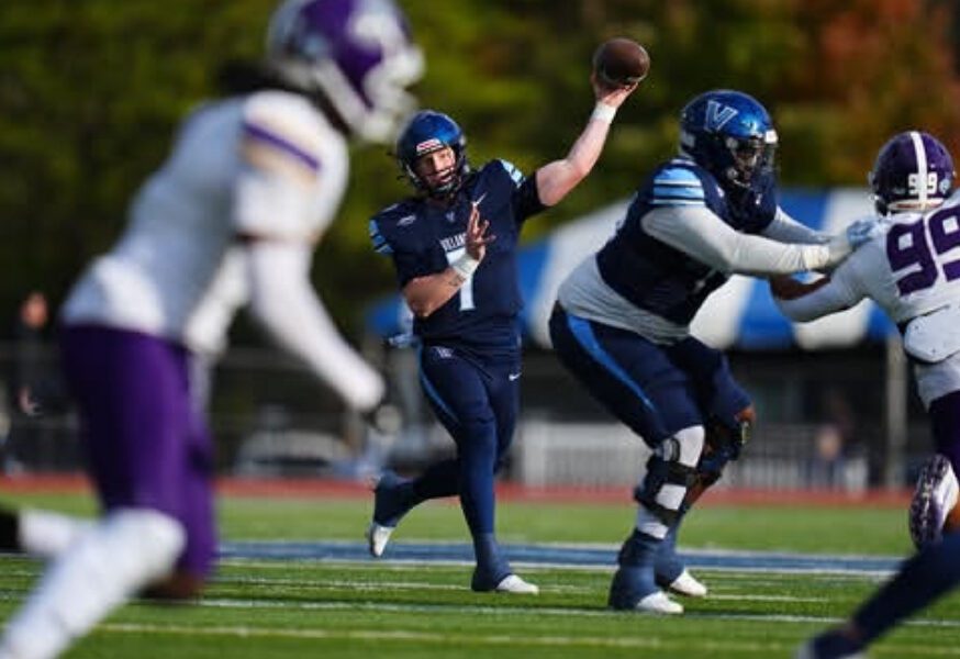 Villanova quarterback Pat McQuaide throws a pass against UAlbany. Image courtesy of Villanova Football's Instagram account.