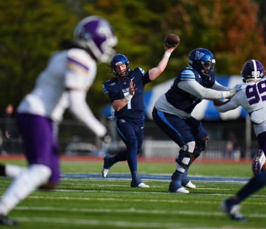 Villanova quarterback Pat McQuaide throws a pass against UAlbany. Image courtesy of Villanova Football's Instagram account.