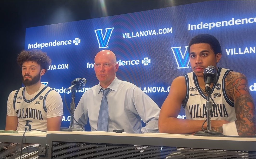 Villanova head coach Kevin Willard and guards Devin Askew and Bryce Lindsay speak with the media following their Nov. 11 win over Sacred Heart. Griffin Floyd/Philadelphia Sports Now