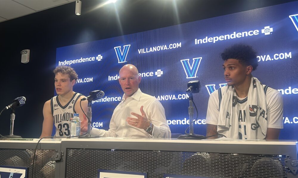 Left to right: Villanova forward Matt Hodge, head coach Kevin Willard and guard Acaden Lewis speak with the media after their home win over Duquesne on Saturday, Nov. 15. Griffin Floyd/Philadelphia Sports Now