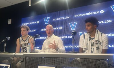 Left to right: Villanova forward Matt Hodge, head coach Kevin Willard and guard Acaden Lewis speak with the media after their home win over Duquesne on Saturday, Nov. 15. Griffin Floyd/Philadelphia Sports Now