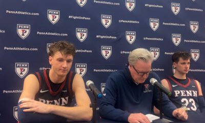 Left to right: Penn forward TJ Power, head coach Fran McCaffery and wing Ethan Roberts.