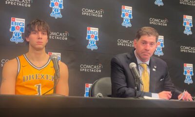 Drexel head coach Zach Spiker and forward Victor Panov speak with the media after facing La Salle in the Big 5 Classic. Griffin Floyd/Philadelphia Sports Now