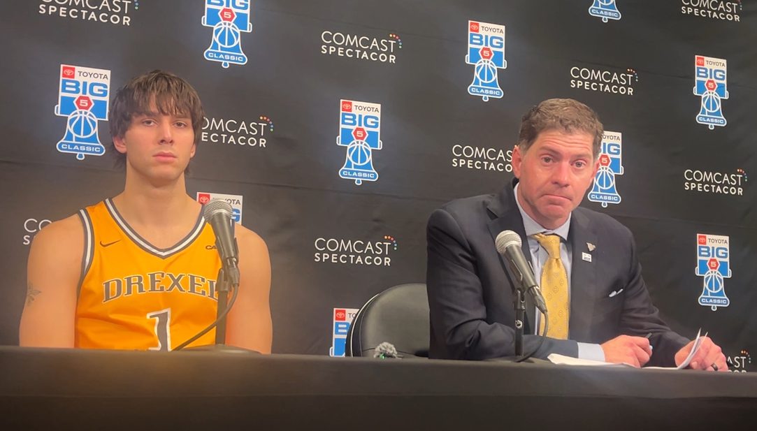 Drexel head coach Zach Spiker and forward Victor Panov speak with the media after facing La Salle in the Big 5 Classic. Griffin Floyd/Philadelphia Sports Now