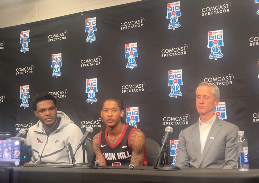 (left to right) Saint Joseph's center Justice Ajogbor, guard Deuce Jones II, and head coach Steve Donahue. Griffin Floyd/Philadelphia Sports Now