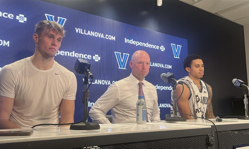 Left to right: Villanova forward Duke Brennan, head coach Kevin Willard and guard Bryce Lindsay. Griffin Floyd/Philadelphia Sports Now
