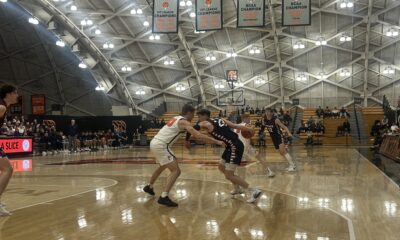 Penn guard Ethan Roberts dribbles toward the basket during the first half of the Quakers' Jan. 5, 2026 loss to the Princeton Tigers. Griffin Floyd/Philadelphia Sports Now.