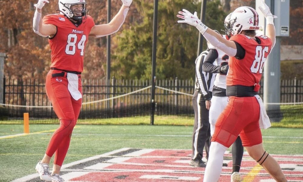Villanova Football transfer tight end Brody Eaton (86) celebrates in the end zone with a teammate at Marist. Image courtesy of Connor Hulstein's Instagram account
