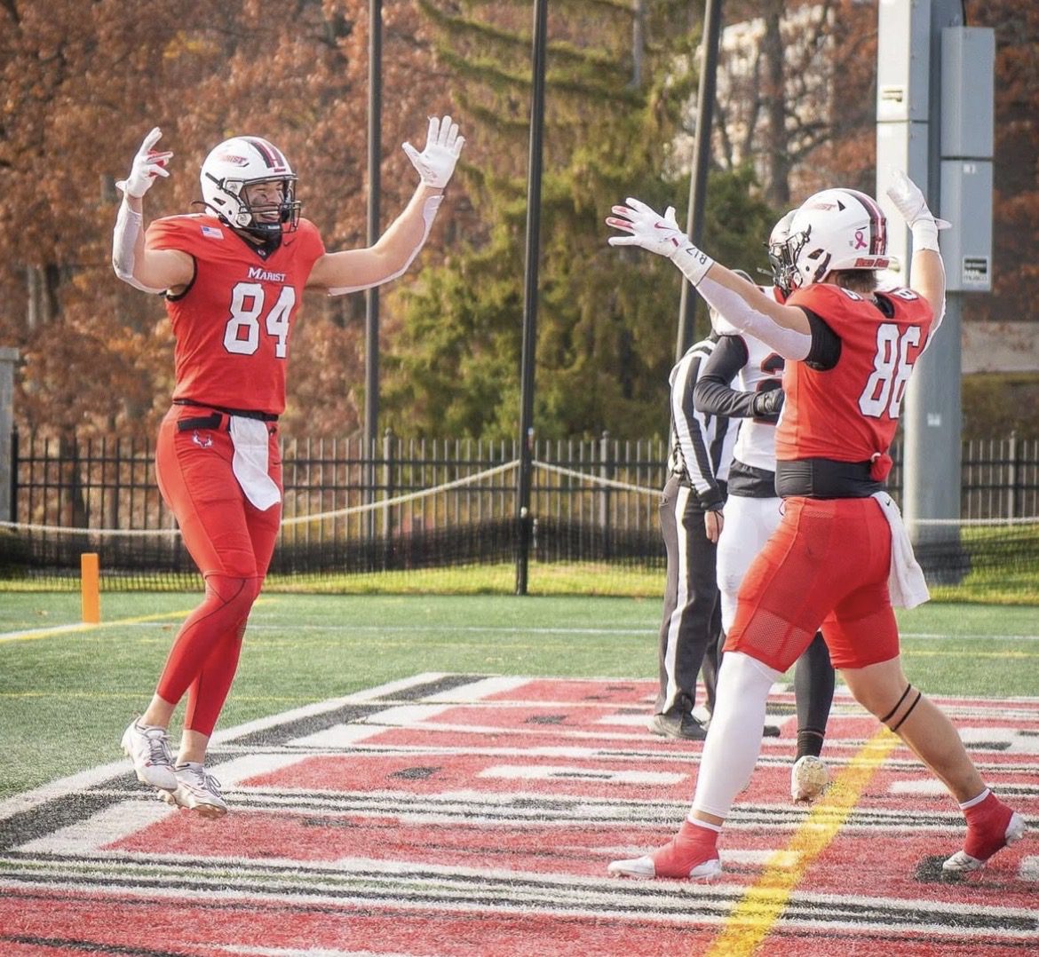 Villanova Football transfer tight end Brody Eaton (86) celebrates in the end zone with a teammate at Marist. Image courtesy of Connor Hulstein's Instagram account