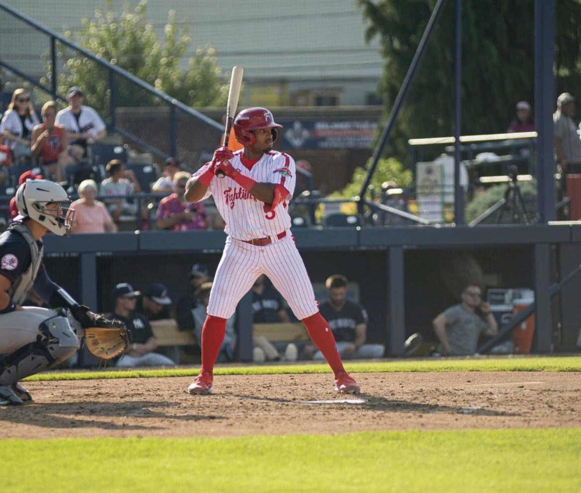 Philadelphia Phillies' outfield prospect Dylan Campbell waits for a pitch. Image courtesy of fightins' Instagram account.