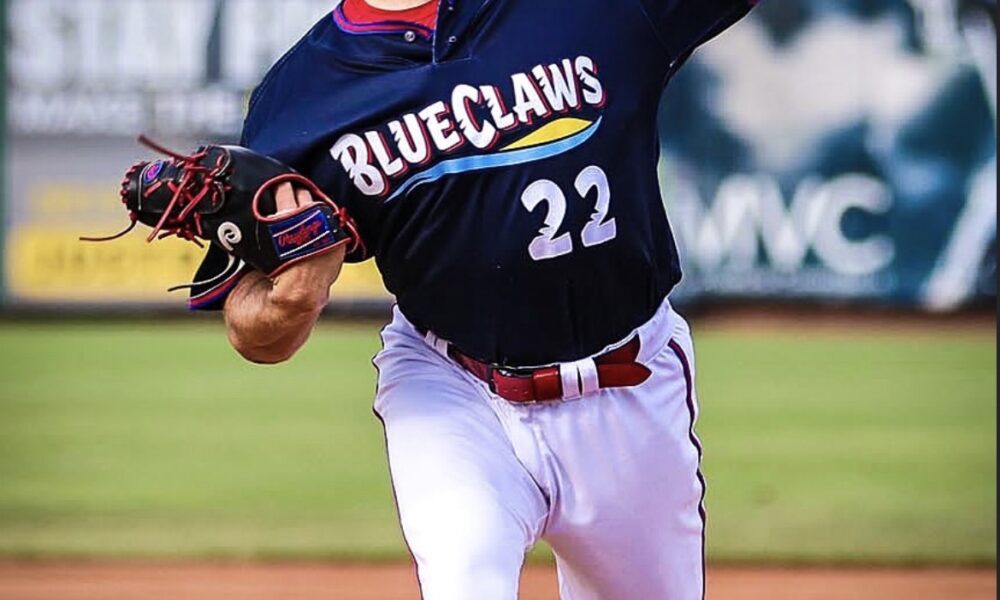 Phillies' left-handed pitching prospect Mavis Graves prepares to throw during a game for the Jersey Shore BlueClaws. Image courtesy of philsplayerdev's Instagram account.