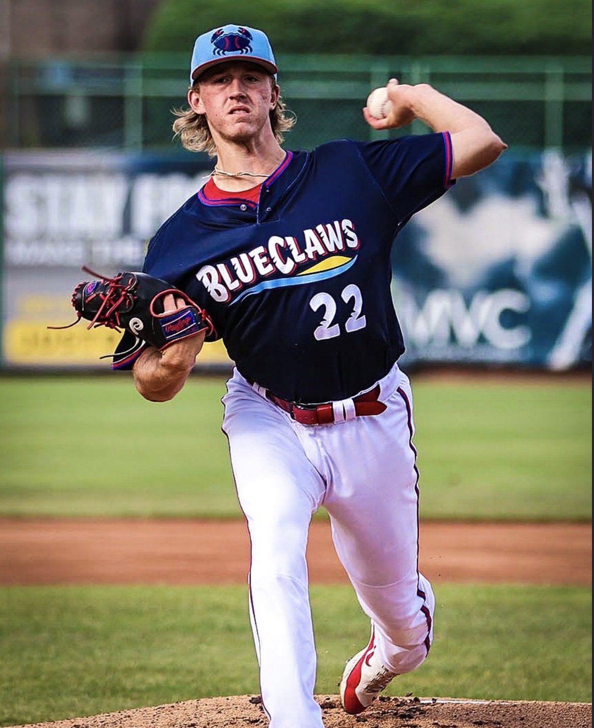 Phillies' left-handed pitching prospect Mavis Graves prepares to throw during a game for the Jersey Shore BlueClaws. Image courtesy of philsplayerdev's Instagram account.
