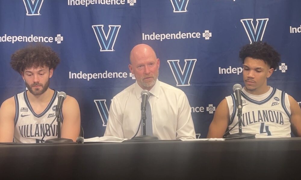 Left to right: Villanova guard Devin Askew, head coach Kevin Willard and guard Tyler Perkins after the Wildcats' loss to St. John's on Saturday, Jan. 17. Griffin Floyd/Philadelphia Sports Now