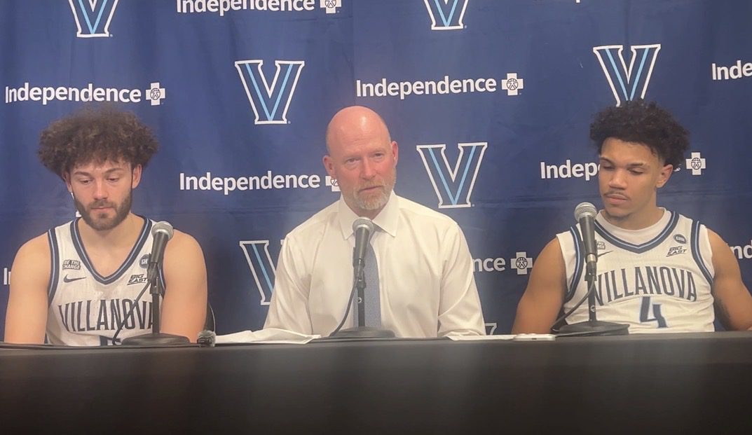 Left to right: Villanova guard Devin Askew, head coach Kevin Willard and guard Tyler Perkins after the Wildcats' loss to St. John's on Saturday, Jan. 17. Griffin Floyd/Philadelphia Sports Now