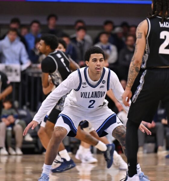 Villanova guard Bryce Lindsay squares up on defense. Image courtesy of Nova MBB's Instagram account.