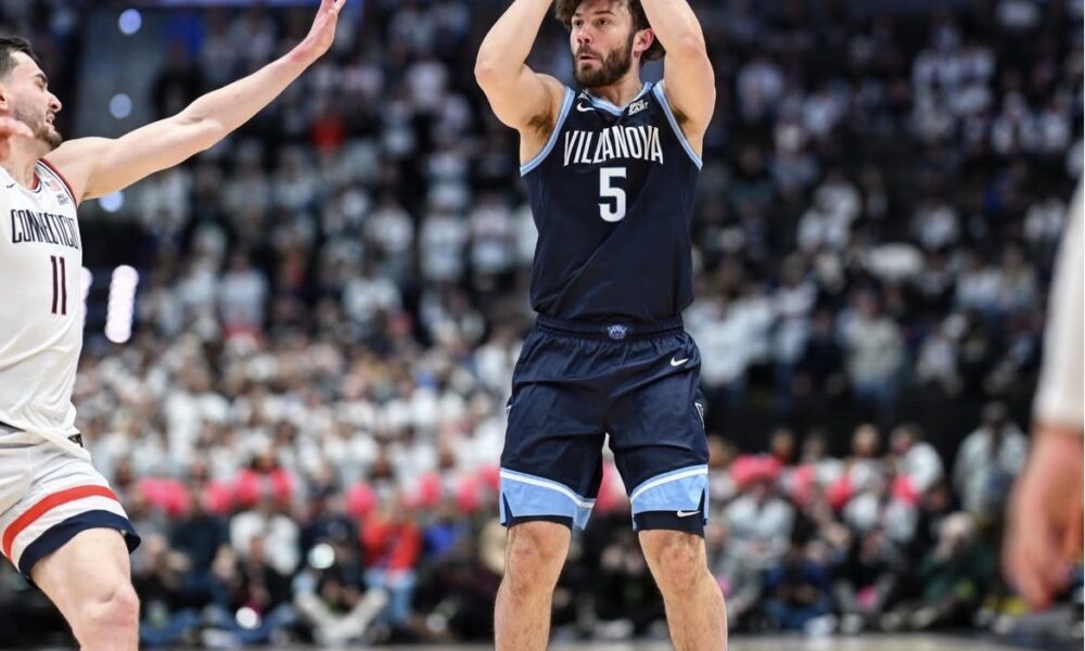 Villanova point guard Devin Askew tries for a three. Image courtesy of novambb's Instagram account.