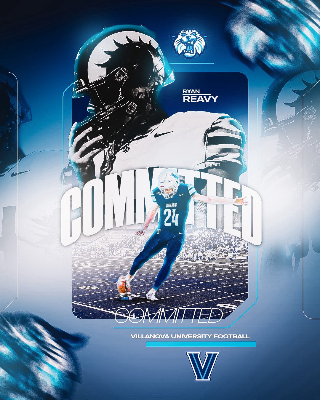 Villanova Football kicker/punter commit Ryan Reavy. Graphic courtesy of Ryan Reavy's Twitter (X) account.