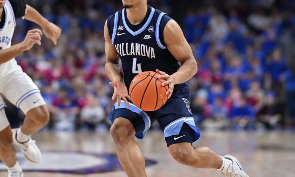 Villanova guard Tyler Perkins dribbles against the Creighton Blue Jays on Saturday, Feb. 14, 2026. Image courtesy of Nova MBB's Instagram account.
