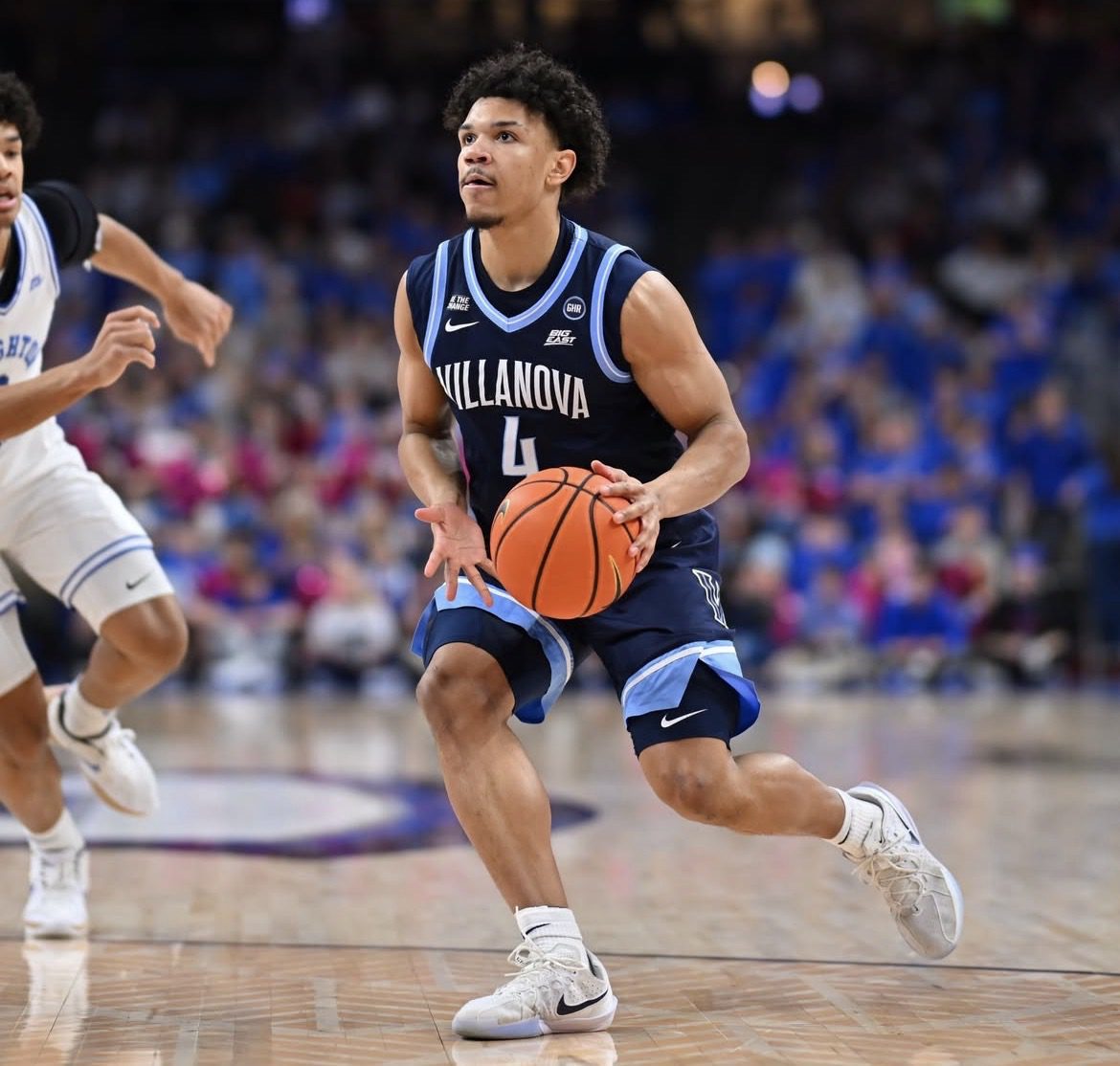 Villanova guard Tyler Perkins dribbles against the Creighton Blue Jays on Saturday, Feb. 14, 2026. Image courtesy of Nova MBB's Instagram account.