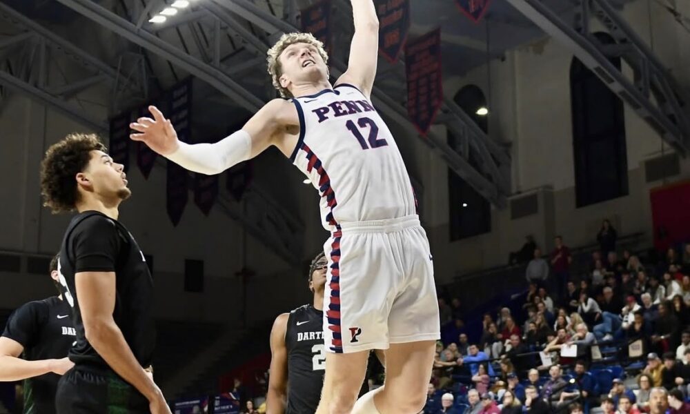 Penn Forward TJ Power catches air in the first half of the Quakers’ Feb. 27 win over Dartmouth. Image courtesy of Penn Men’s Basketball’s Instagram account.