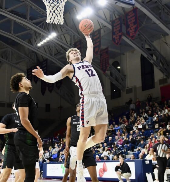 Penn Forward TJ Power catches air in the first half of the Quakers’ Feb. 27 win over Dartmouth. Image courtesy of Penn Men’s Basketball’s Instagram account.