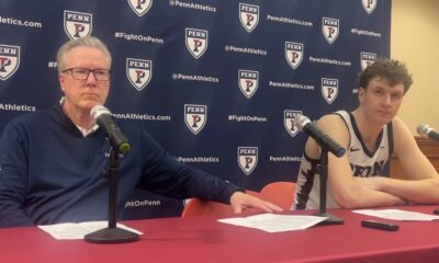 Left to right: Penn Men's Basketball head coach Fran McCaffery and junior forward TJ Power. Griffin Floyd/Philadelphia Sports Now