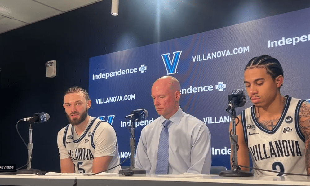 Left to right: Villanova Men's Basketball guard Devin Askew, head coach Kevin Willard and guard Bryce Lindsay speak with the media after defeating Butler on Wednesday, Feb. 25. Griffin Floyd/Philadelphia Sports Now.
