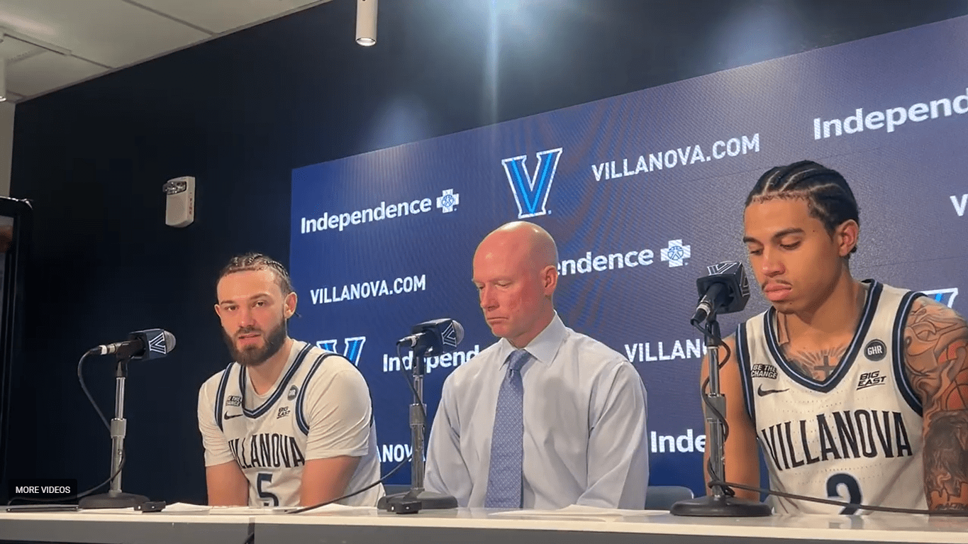 Left to right: Villanova Men's Basketball guard Devin Askew, head coach Kevin Willard and guard Bryce Lindsay speak with the media after defeating Butler on Wednesday, Feb. 25. Griffin Floyd/Philadelphia Sports Now.