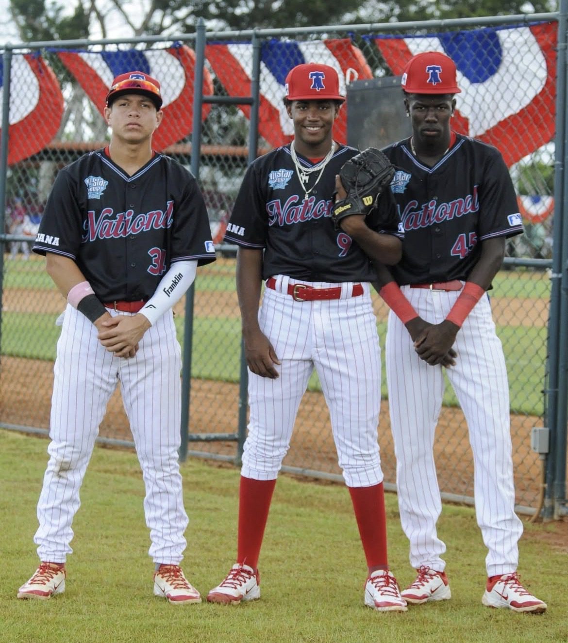 Phillies' shortstop prospect Romeli Espinosa (45) poses with fellow Dominican Summer League prospects Anderson Araujo and Deiry Gonzalez at the 2025 DSL All-Star Game. Image courtesy of philsplayerdev's Instagram account.