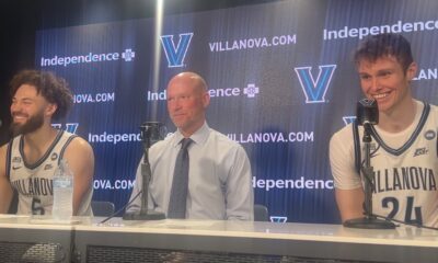 Left to right: Villanova guard Devin Askew, head coach Kevin Willard and forward Duke Brennan speak with the media after concluding their regular season against Butler on Saturday, March 7. Griffin Floyd/Philadelphia Sports Now