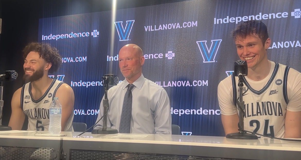 Left to right: Villanova guard Devin Askew, head coach Kevin Willard and forward Duke Brennan speak with the media after concluding their regular season against Butler on Saturday, March 7. Griffin Floyd/Philadelphia Sports Now